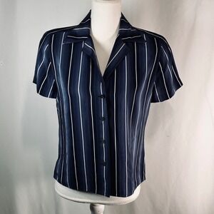 Linda Allard Ellen Tracy Silk Striped Short Sleeve Button Down Shirt Navy 2 NWT